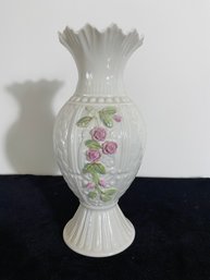 Large White And Floral Belleek Vase