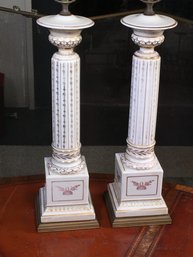 Very Nice Pair Of Vintage Porcelain Column Lamps - Hand Painted Gold Embellishments With White Drum Shades