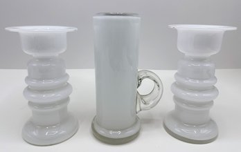 Set Vintage Polish Hand Blown White Glass Candle Holders & Vase With Handle, Unused