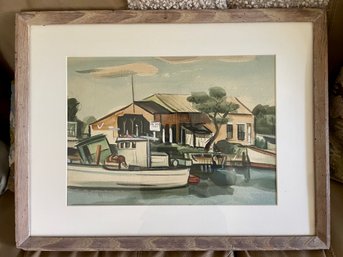 Framed Fishing Port Watercolor Painting