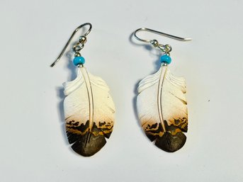 Pair Of Stone Feather Earrings Signed On Back