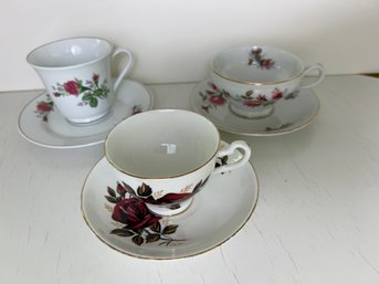 Trio Of Rose Motif Teacups & Saucers