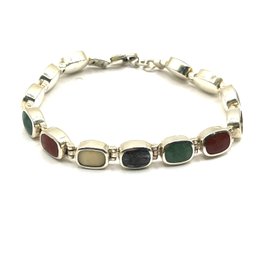 Vintage Sterling Silver Multi Color Stone Inlay Bracelet