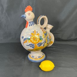 Rare Vintage Mexican Folk Art Stoneware Bird Rooster Pitcher - 11.5' Tall 1980s