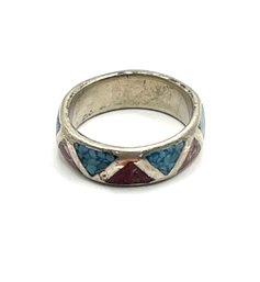 Vintage Sterling Silver Turquoise And Coral Color Inlay Ring, Size 5
