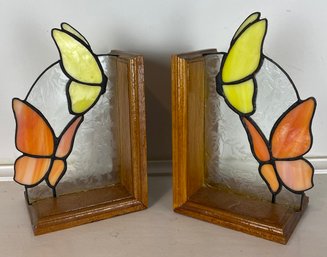 Pair Of Stained Glass Butterfly Bookends By Charles E. Wilson