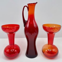 Set Vintage Polish Hand Blown Ruby Red Glass Vases & Pitcher, Unused