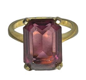 Vintage Gold Plated Ladies Ring Having Amethyst Glass Stone Emerald Cut