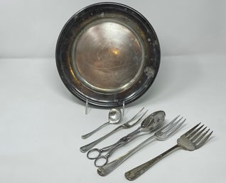 Silver- Plated Round Tray And Serving Utensils