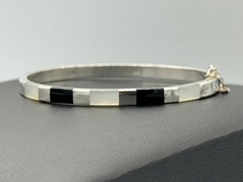 Mother Of Pearl & Black Onyx Sterling Silver Inlay Bangle Bracelet