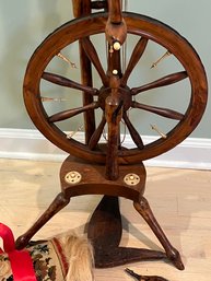 Antique Early 1900s Wooden Spindle Spinning Wheel With Silk