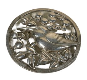 Large Heavy Circular Brooch Sterling Silver Having Bird And Foliate Design