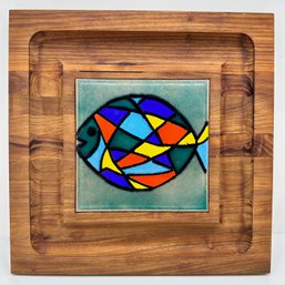 Mid Century Genuine Walnut Cheese Serving Tray With Colorful Fish Tile Insert, Designed By Ernest Sohn