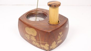 JAPANESE WOODEN INCENSE BURNER WITH  BRASS INLAY & BAMBOO STORAGE