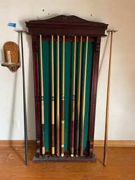 Lot Of 7 Pool Cues With Rack