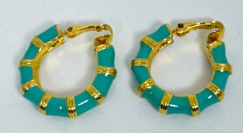 SIGNED KJL (KENNETH J LANE) GOLD TONE BLUE ENAMELED CLIP-ON EARRINGS