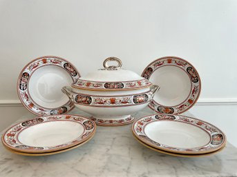 1860s Minton Trophy Pattern Soup Tureen And Six Soup Bowls
