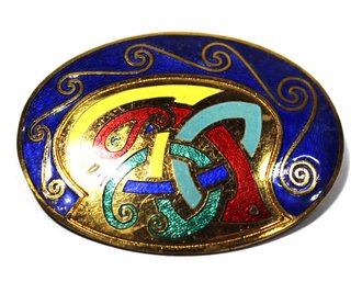 Celtic Gilt Brass Oval Brooch Having Enamel Decoration