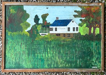 American Folk Art Primitive Landscape, Oil On Board - Signed