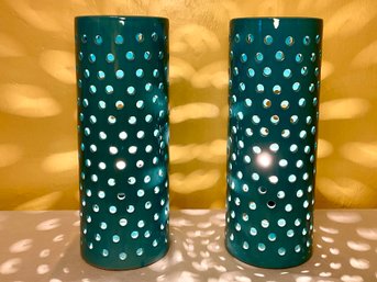 Pair Of Turquoise Ceramic Cylinder Lamps