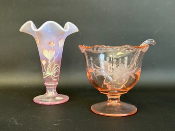 Hand-Painted Vintage Fenton Vase & Depression Glass Sauce Bowl