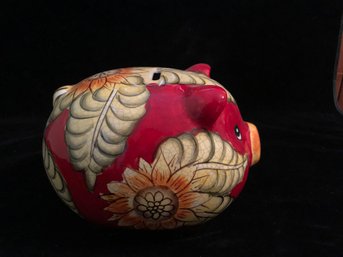 Floral Red Painted Piggy Bank
