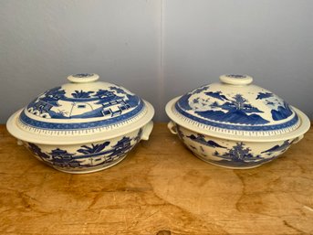 2 Blue And White Chinese Bowls With Lids 10x8