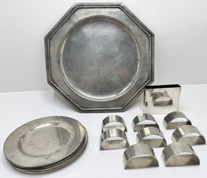 Pewter Handmade Octagonal Platter From Portugal, 8 Small Plates, 8 Napkin Rings Signed Lesch & More