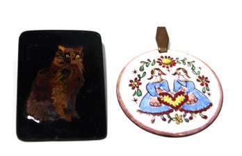 Two Vintage Enamel On Copper Brooch And Pendant Cat * Girls W Heart