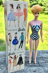 1960's Blonde Bubble Cut Blue Eyes Barbie Doll  Bathing Suit Sunglasses Earrings W/Stand ( READ Description)