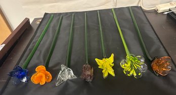 Glass Long Stem Hand Blown Flowers In Collection Of  7 Pieces.