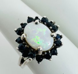 VINTAGE OPAL AND BLUE SAPPHIRE STERLING SILVER RING