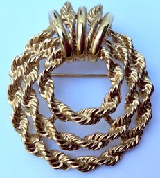 MONET TWISTED ROPE PIN: Large 2 Inch Vintage Designer Gold Tone Circular Retro Jewelry, Classic Brooch Look