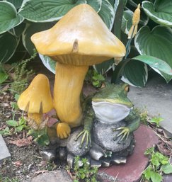 Vintage Garden Frog Under Mushrooms