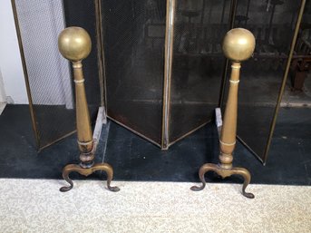 Fabulous Pair Antique Solid Brass Cannonball Andirons Along With Fireplace Screen - Screen Needs Some TLC
