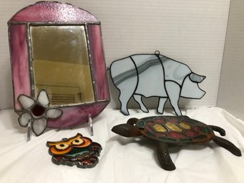 Stained Glass Mirror And Pig, Glass And Metal Turtle Trivet, Stained Plastic Owl