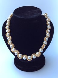 NAPIER FAUX PEARL NECKLACE: 20 Inches In Length, 1/2 Inch Wide, Gold Tone Rope Look