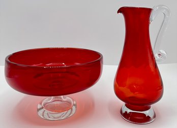 Vintage Polish Hand Blown Ruby Red Glass Pitcher & Pedestal Bowl, Unused