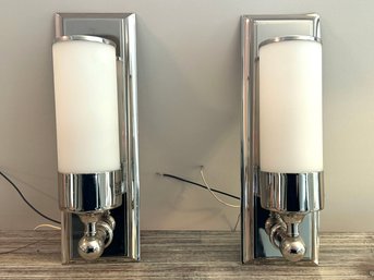 Pair Chrome & Frosted Glass Wall Sconces (LOC: W1)