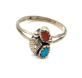 Vintage Sterling Silver Turquoise And Coral Color Ring, Size 6