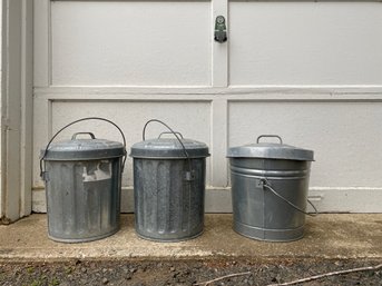 Trio Of Galvanized Metal Covered Buckets For Various Seed Storage