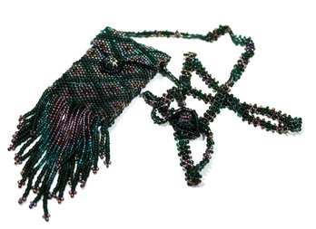 Vintage Micro Glass Beaded Necklace Having Pouch With Fringe