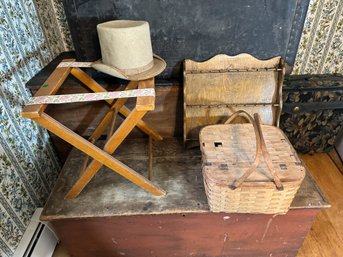 AN ANTIQUE PIE BASKET, A SPOON HOLDER, AND A LUGGAGE RACK