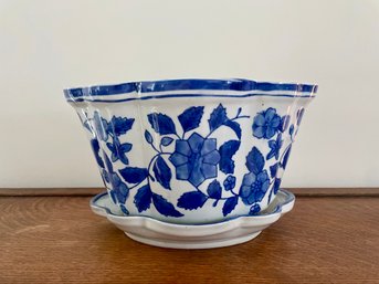 Blue & White Floral Porcelain Planter With Drip Plate