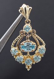 Amazing Multi Blue Topaz & 14k Yellow Gold Intricate Pendant