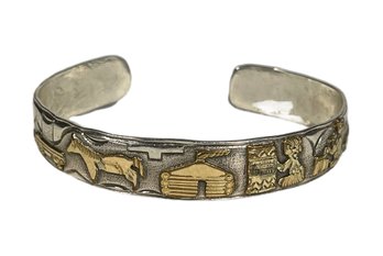 Another Fine Signed Sterling Silver Native American Cuff Bracelet W Gold Figures Ta Begay