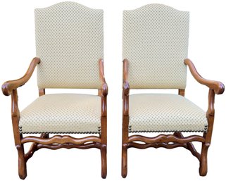 Pair Of French Louis XIII-Style Mutton Leg Arm Chairs With Brass Nailhead Stud Design