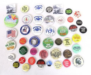 A Group Of Varied Vintage Pinback Buttons - Including Some 'inappropriate' 70's Era Bar Scene Buttons
