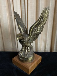 Antique Brass Eagle Sculpture On Wooden Base