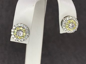 Very Pretty Brand New STERLING SILVER / 925 Button Earrings With Pale Yellow Topaz / With White Zircons